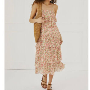 NWT Something Navy Pink Floral Pleated Tiered Strappy Midi Dress • Size XS 🗣
